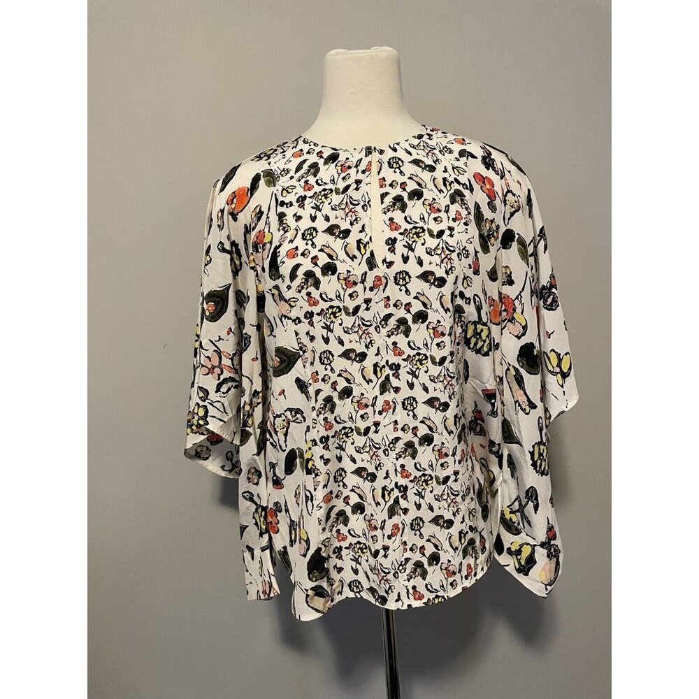 Grey Jason Wu White Silk Top with Floral Print and Front Keyhole, Size 6